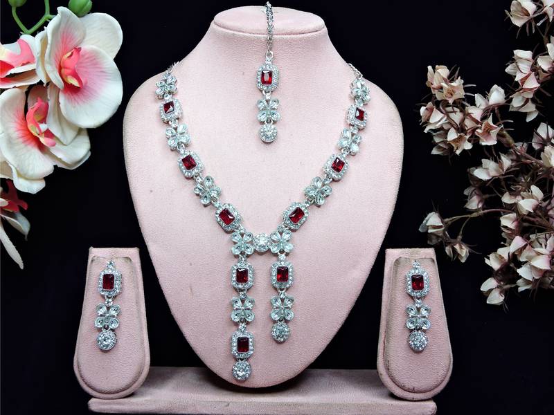 Maroon rhodium premium designer american diamond and stone work necklace set