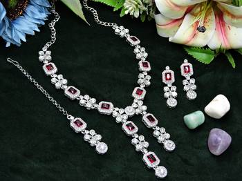Maroon rhodium premium designer american diamond and stone work necklace set 2
