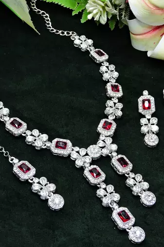 Maroon rhodium premium designer american diamond and stone work necklace set