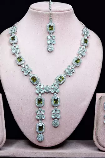 Green rhodium premium designer american diamond and stone work necklace set