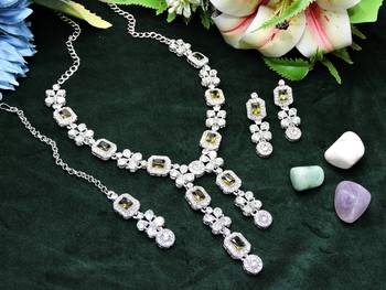 Green rhodium premium designer american diamond and stone work necklace set 2