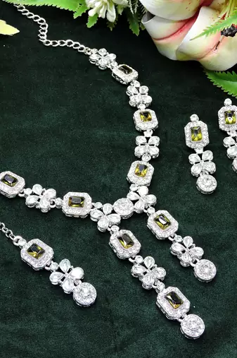 Green rhodium premium designer american diamond and stone work necklace set