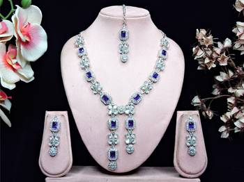Blue rhodium premium designer american diamond and stone work necklace set 1