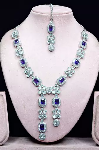 Blue rhodium premium designer american diamond and stone work necklace set