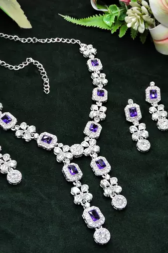 Blue rhodium premium designer american diamond and stone work necklace set