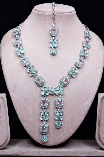 Pink rhodium premium designer american diamond and stone work necklace set