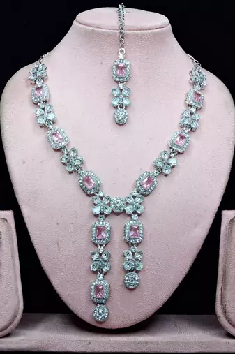 Pink rhodium premium designer american diamond and stone work necklace set