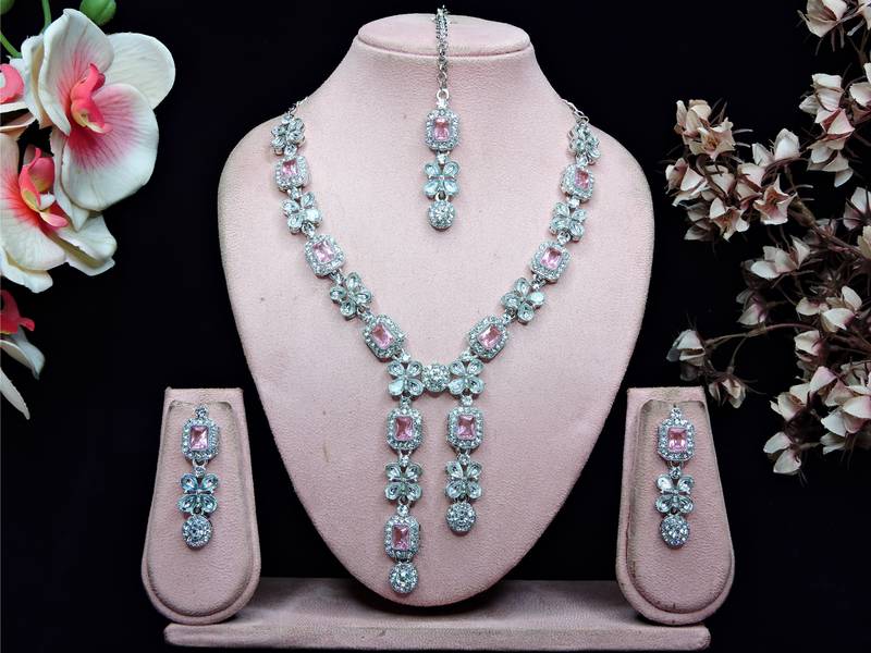 Pink rhodium premium designer american diamond and stone work necklace set