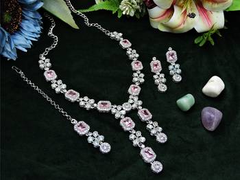 Pink rhodium premium designer american diamond and stone work necklace set 2