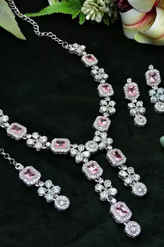 Pink rhodium premium designer american diamond and stone work necklace set