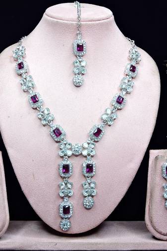 Purple rhodium premium designer american diamond and stone work necklace set