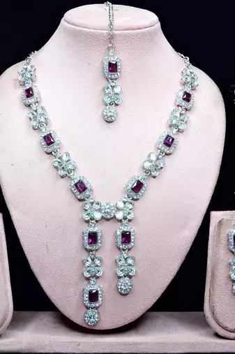 Purple rhodium premium designer american diamond and stone work necklace set