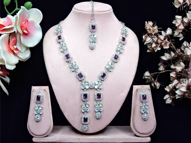 Purple rhodium premium designer american diamond and stone work necklace set