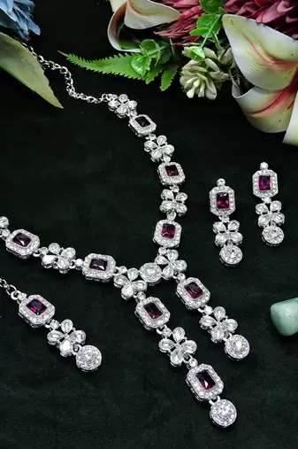 Purple rhodium premium designer american diamond and stone work necklace set