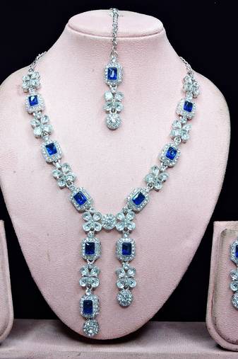 Blue rhodium premium designer american diamond and stone work necklace set