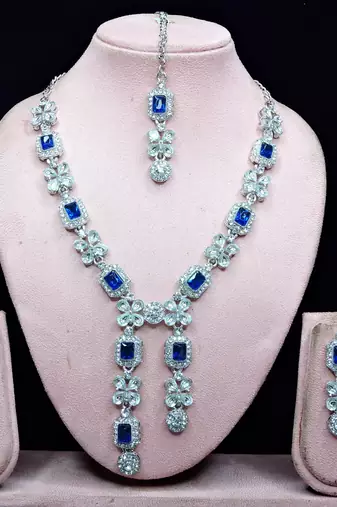 Blue rhodium premium designer american diamond and stone work necklace set