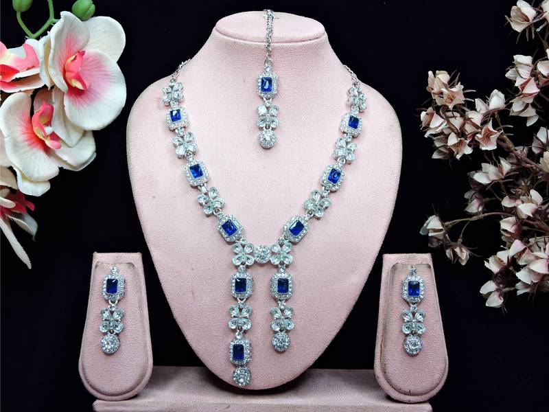 Blue rhodium premium designer american diamond and stone work necklace set