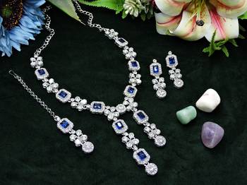 Blue rhodium premium designer american diamond and stone work necklace set 2