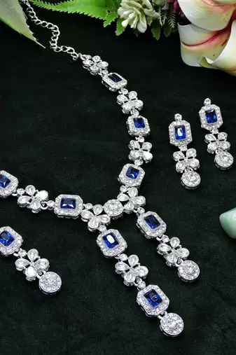 Blue rhodium premium designer american diamond and stone work necklace set