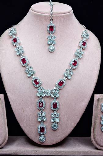 Pink rhodium premium designer american diamond and stone work necklace set