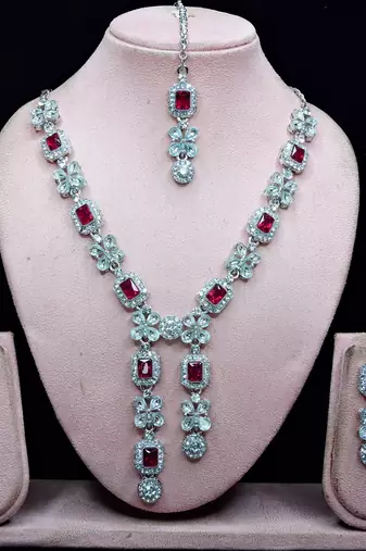 Pink rhodium premium designer american diamond and stone work necklace set
