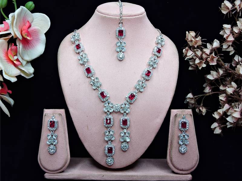 Pink rhodium premium designer american diamond and stone work necklace set