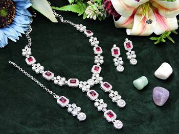 Pink rhodium premium designer american diamond and stone work necklace set 2