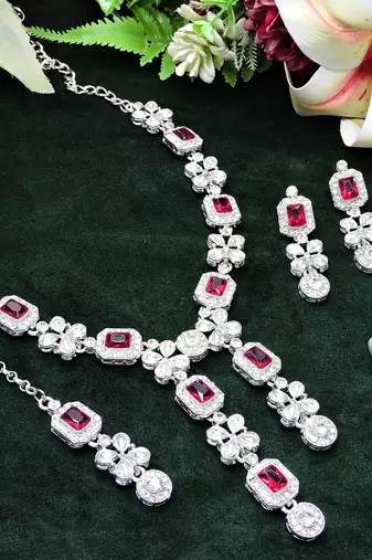 Pink rhodium premium designer american diamond and stone work necklace set
