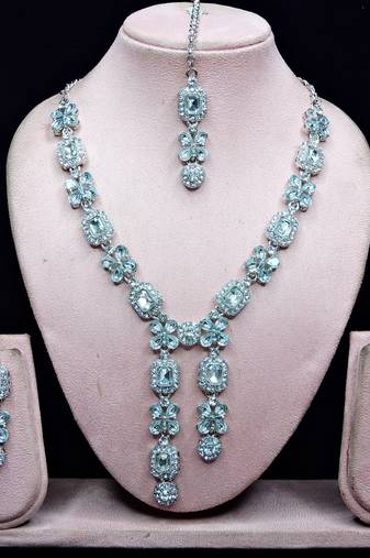 White rhodium premium designer american diamond and stone work necklace set