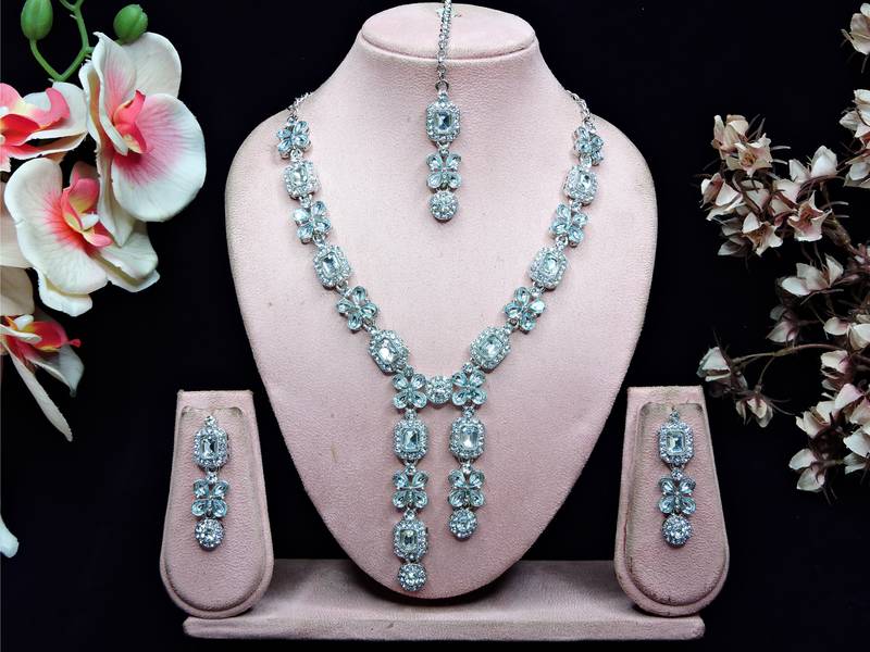White rhodium premium designer american diamond and stone work necklace set