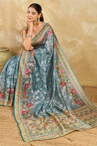 Grey zari work with color full border cotton silk saree with blouse