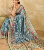Grey zari work with color full border cotton silk saree with blouse