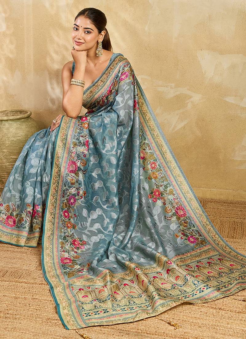 Grey zari work with color full border cotton silk saree with blouse