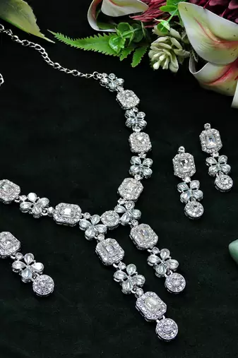 White rhodium premium designer american diamond and stone work necklace set