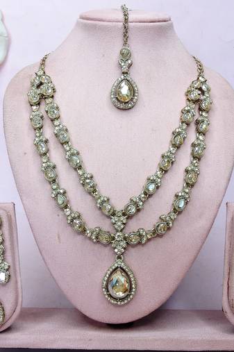 Gold yellow gold premium designer american diamond and stone work necklace set