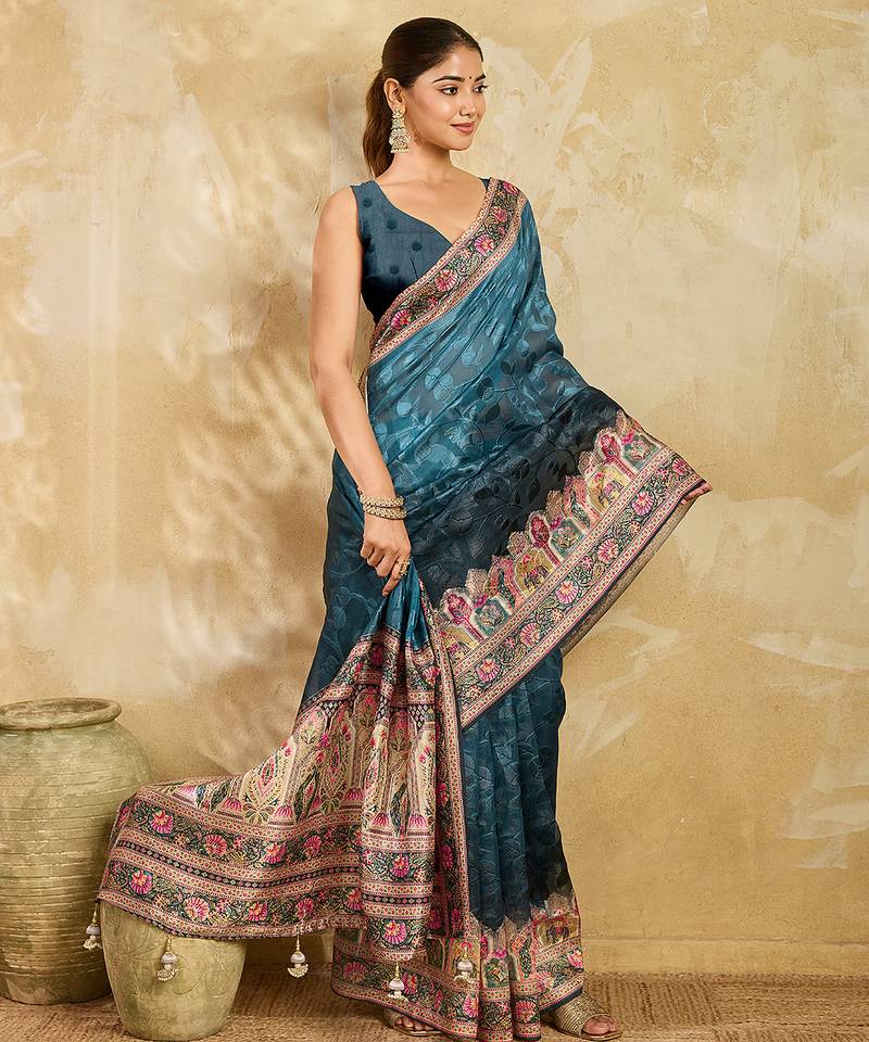 Dark grey zari work with color full border cotton silk saree with blouse