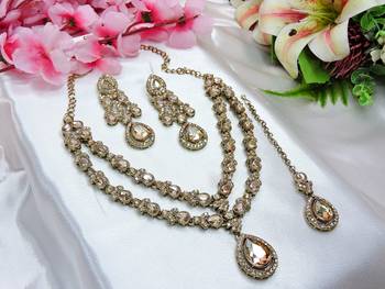 Gold yellow gold premium designer american diamond and stone work necklace set 2