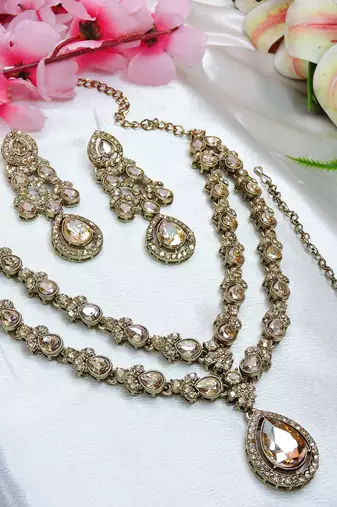 Gold yellow gold premium designer american diamond and stone work necklace set