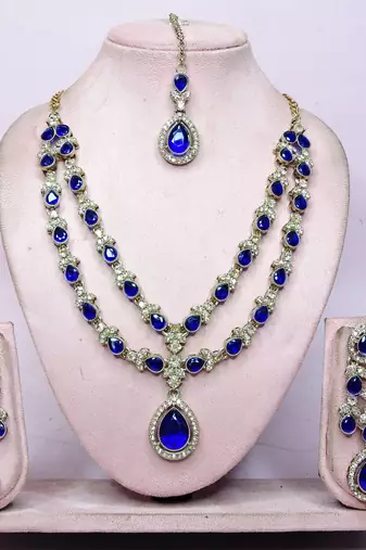 Blue yellow gold premium designer american diamond and stone work necklace set