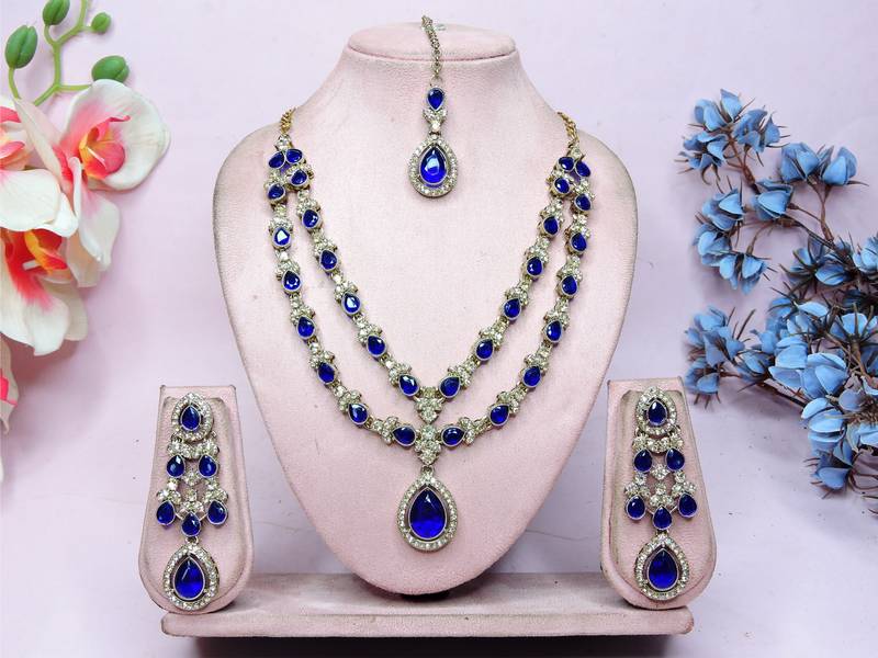 Blue yellow gold premium designer american diamond and stone work necklace set