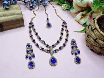 Blue yellow gold premium designer american diamond and stone work necklace set 2