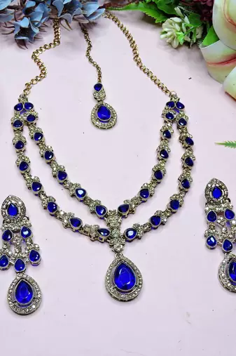 Blue yellow gold premium designer american diamond and stone work necklace set