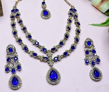 Blue yellow gold premium designer american diamond and stone work necklace set 3