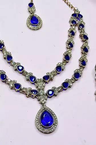 Blue yellow gold premium designer american diamond and stone work necklace set