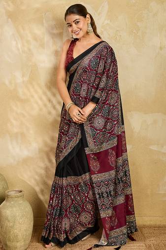 black digital print with mirror work chinon saree with blouse