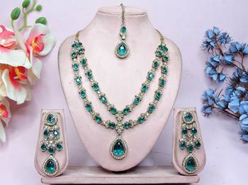 Green yellow gold premium designer american diamond and stone work necklace set 1