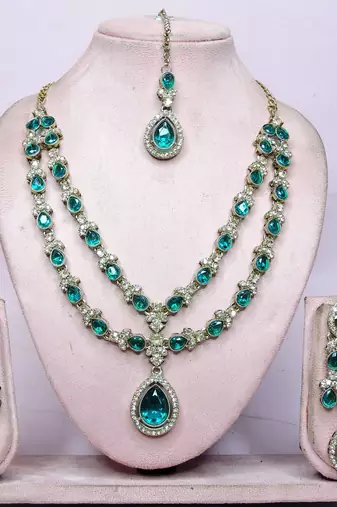 Green yellow gold premium designer american diamond and stone work necklace set