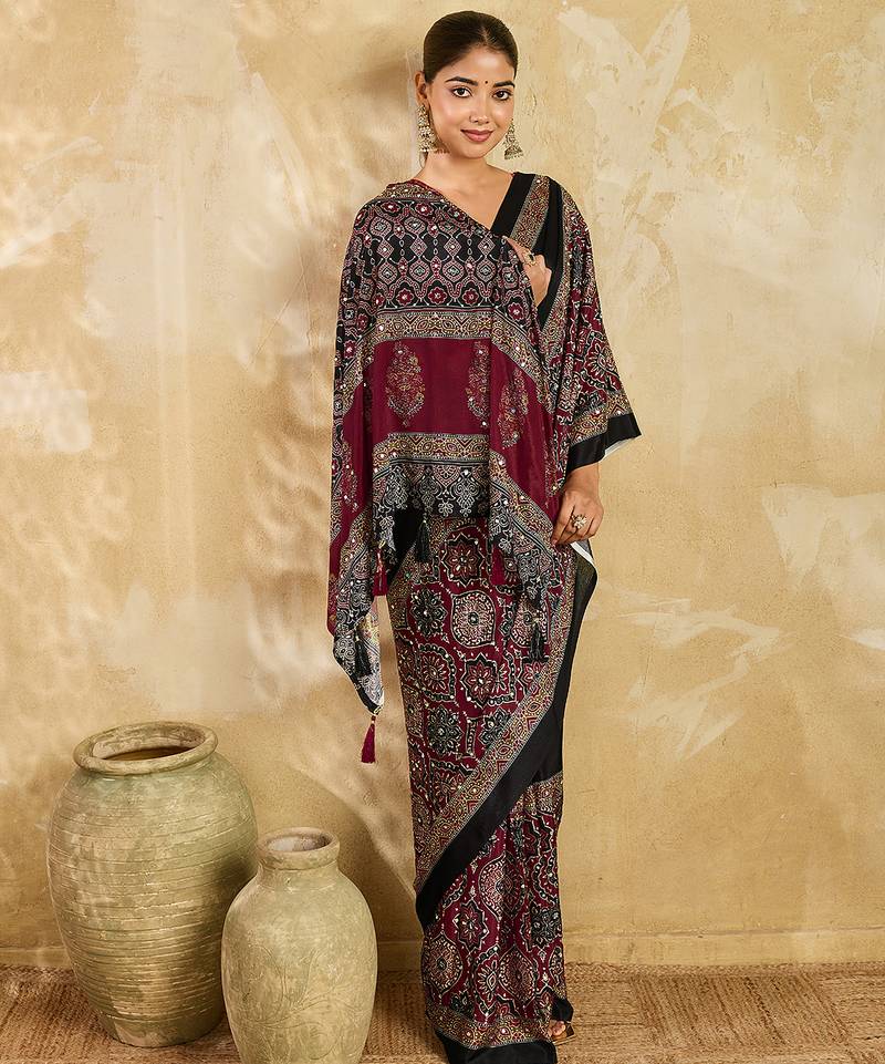 black digital print with mirror work chinon saree with blouse