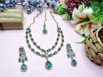 Green yellow gold premium designer american diamond and stone work necklace set 2