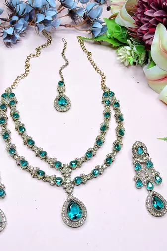 Green yellow gold premium designer american diamond and stone work necklace set
